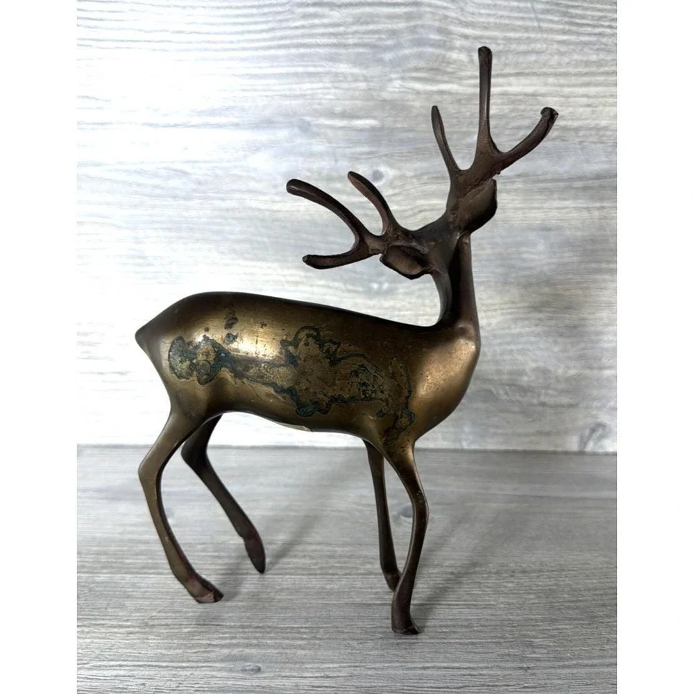 Vtg Brass Buck Deer Stag Figure Reindeer MCM 6 Point Antlers Animal 9" Korea - Picture 4 of 12